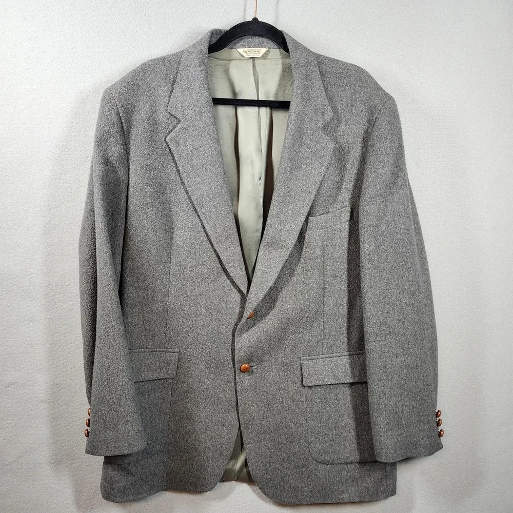 Vintage Camel Hair Blazer Mens‎ 46L Gray 2 Button Sport Coat Leather Buttons USA